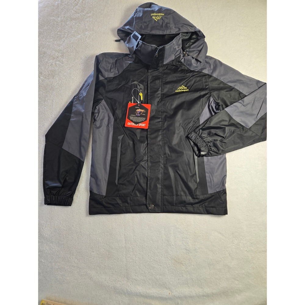 Outdoor Sport Tech Series Windbreaker Jacket Hooded Fleece Lined Black Grey NEW